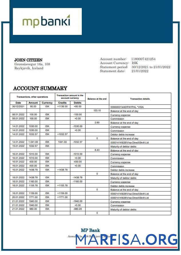 Realistic Iceland MP bank statement word download for verification